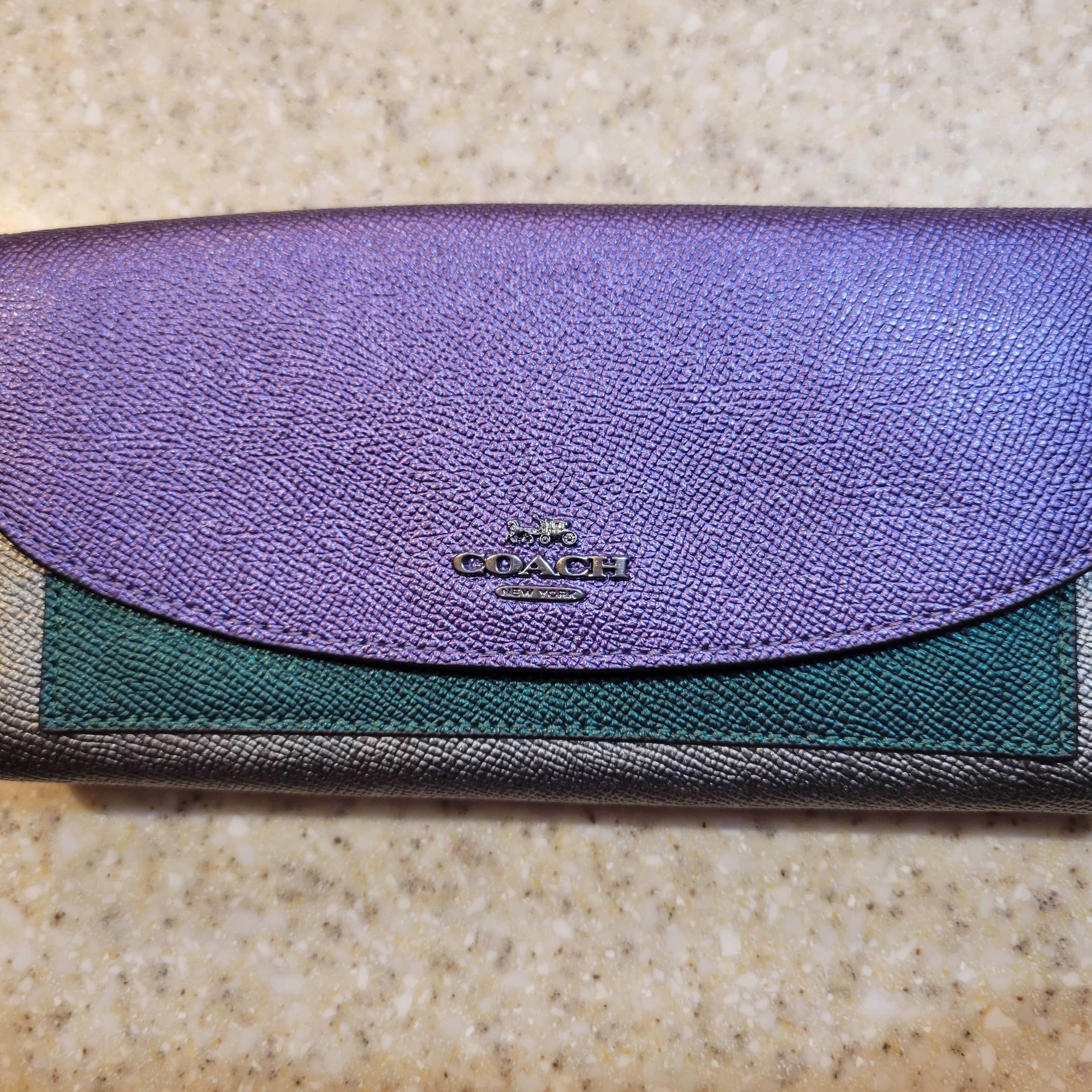 Coach Slim Envelope Tri-Color Purple And Green Wallet